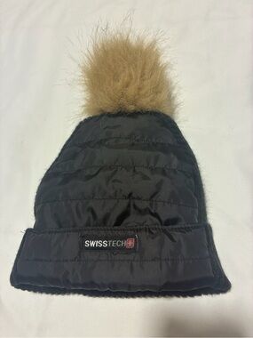 Swiss Tech Black Beanie with Faux Fur Pom